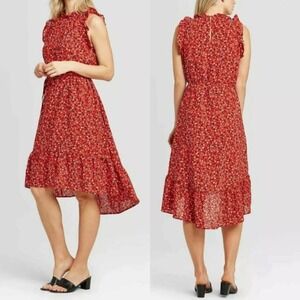 WHO WHAT WEAR Red Floral High Low Midi Dress Sze Medium Cottagecore Boho Ruffle